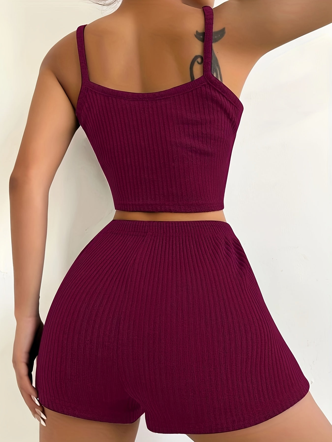 Solid Ribbed Slim Fit Lounge Set, Casual Round Neck Crop Cami Top & Drawstring Shorts, Women's Loungewear